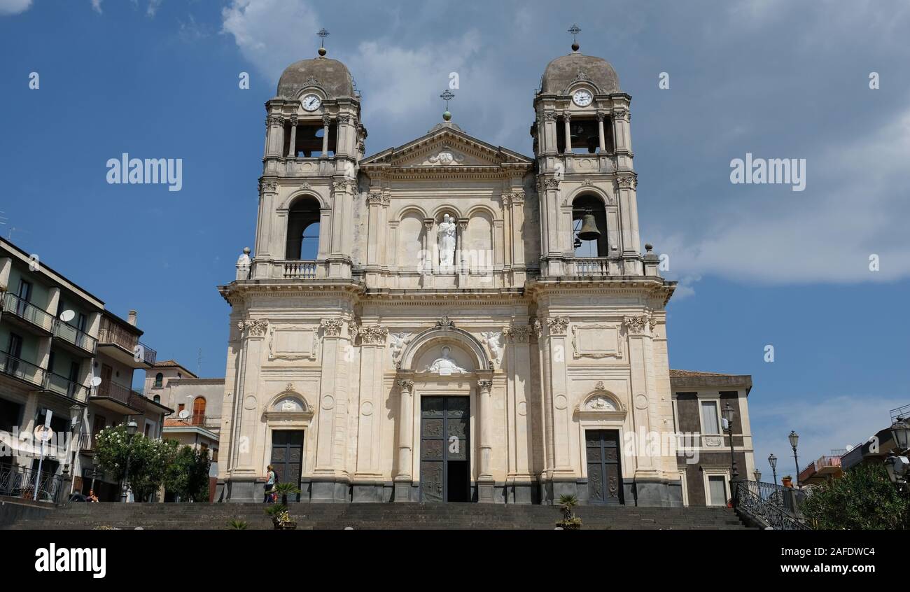 Zafferana Etnea town, Province of Catania, Sicily. Fachade of the exterior of the Cathedral Church, consecrated to Madonna della Provvidenza Stock Photo