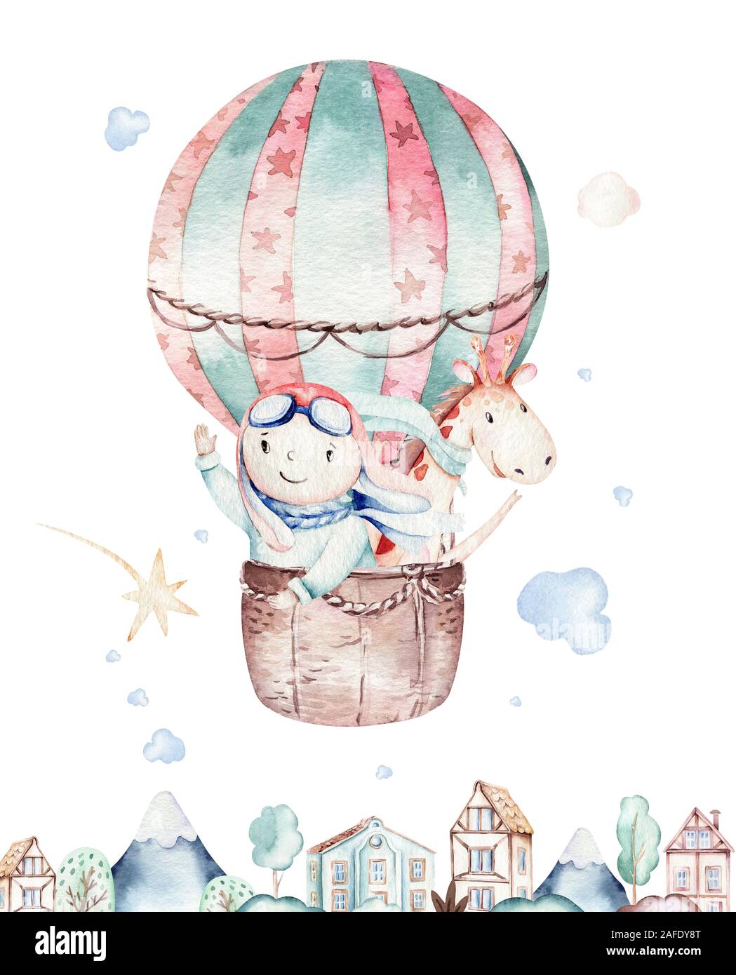 Watercolor balloon set baby cartoon cute pilot aviation illustration