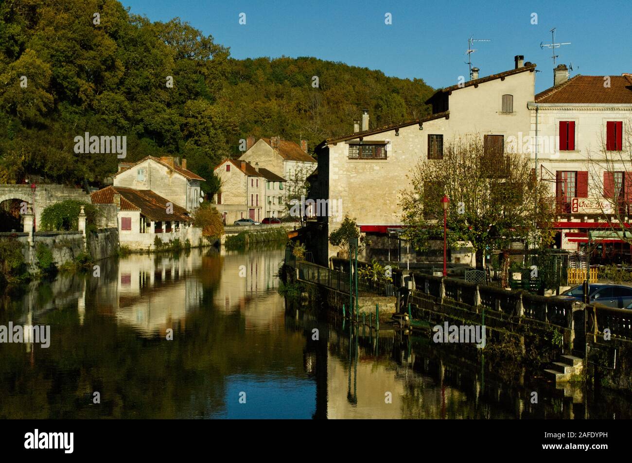 Brantôme and the River Dronne in the autumn sun. Stock Photo