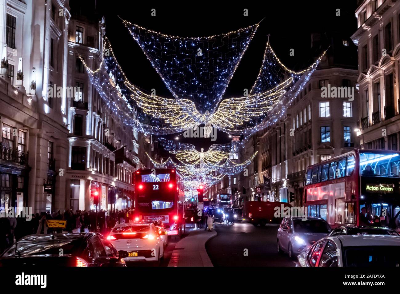 London, England, UK - December 13 2019: London festive Christmas street lights and decorations on Regents Street Stock Photo