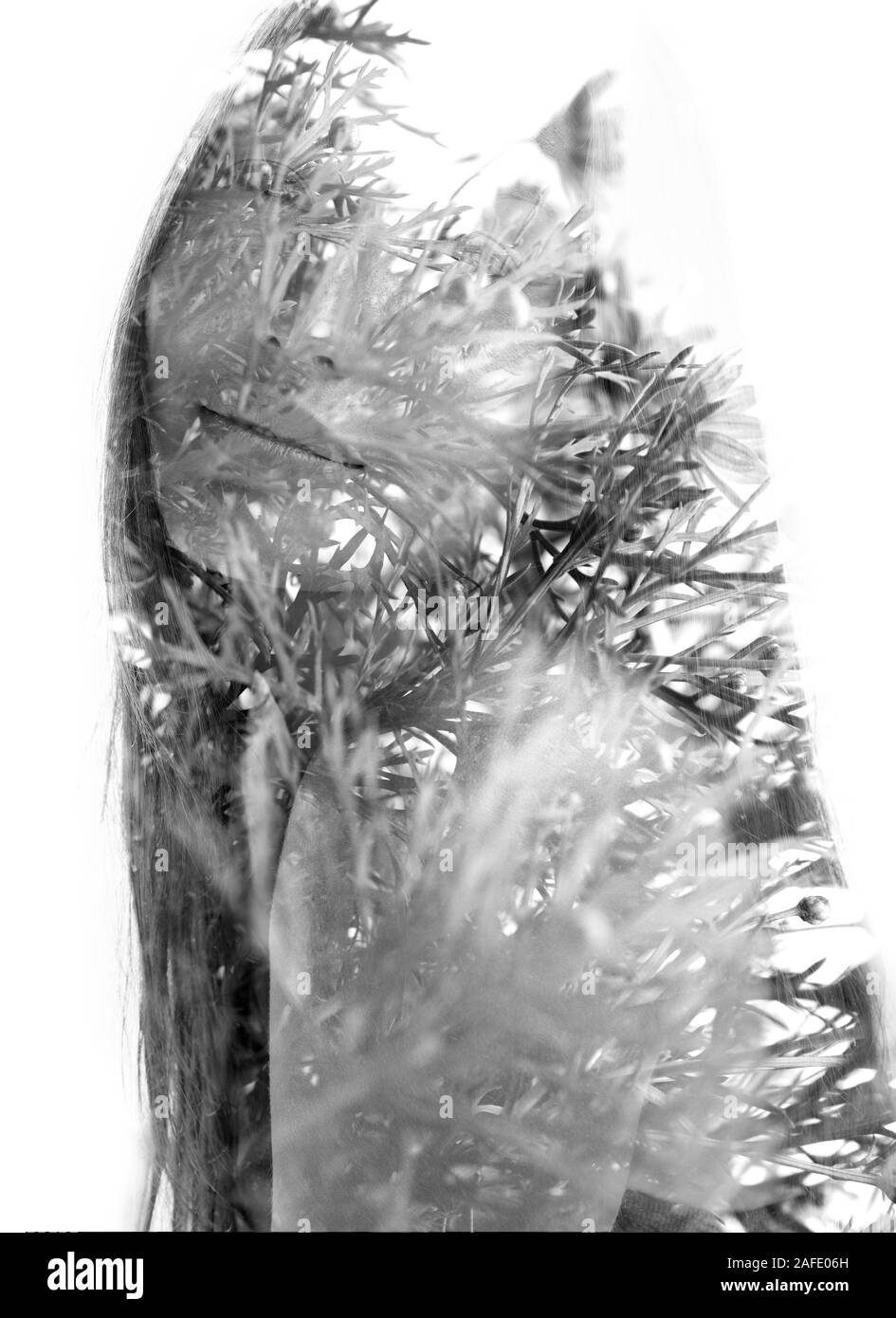 Face leaves double exposure Black and White Stock Photos & Images - Alamy