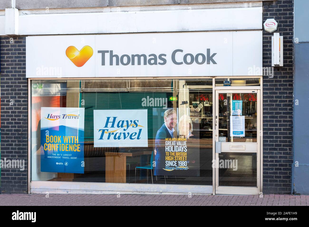 Hays Travel high street branch taking over after collapse of travel business Thomas Cook branches. High Street, Southend on Sea, Essex, UK Stock Photo