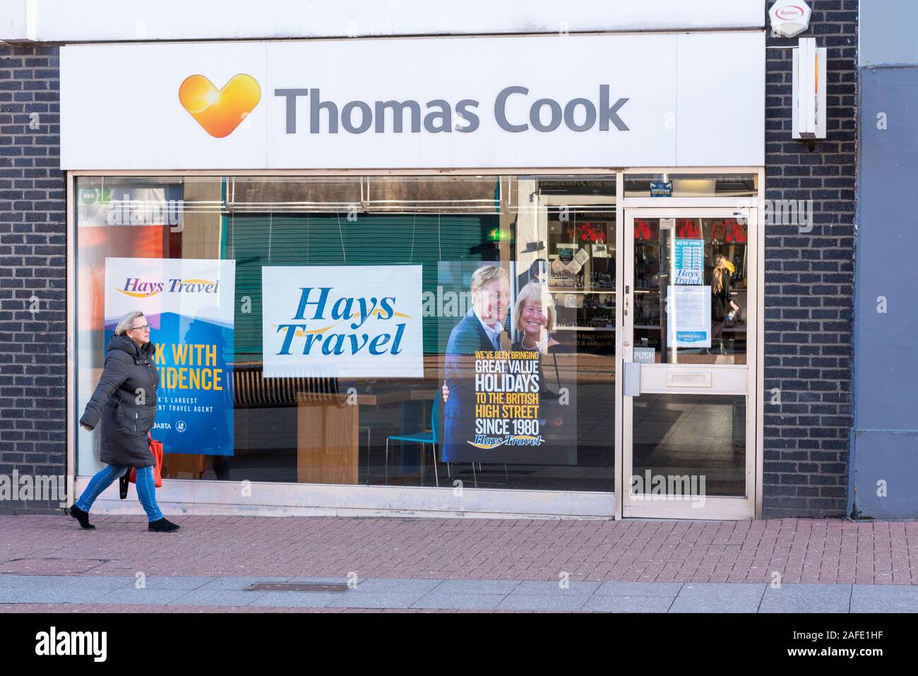 Hays Travel high street branch taking over after collapse of travel business Thomas Cook branches. High Street, Southend on Sea, Essex, UK Stock Photo