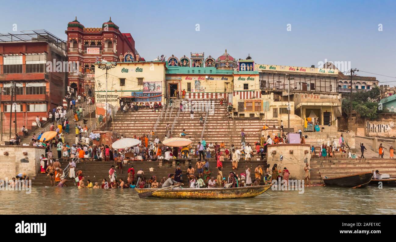 Boats and historic stairs at the Vijaynagram Ghat in Varanasi, India Stock Photo