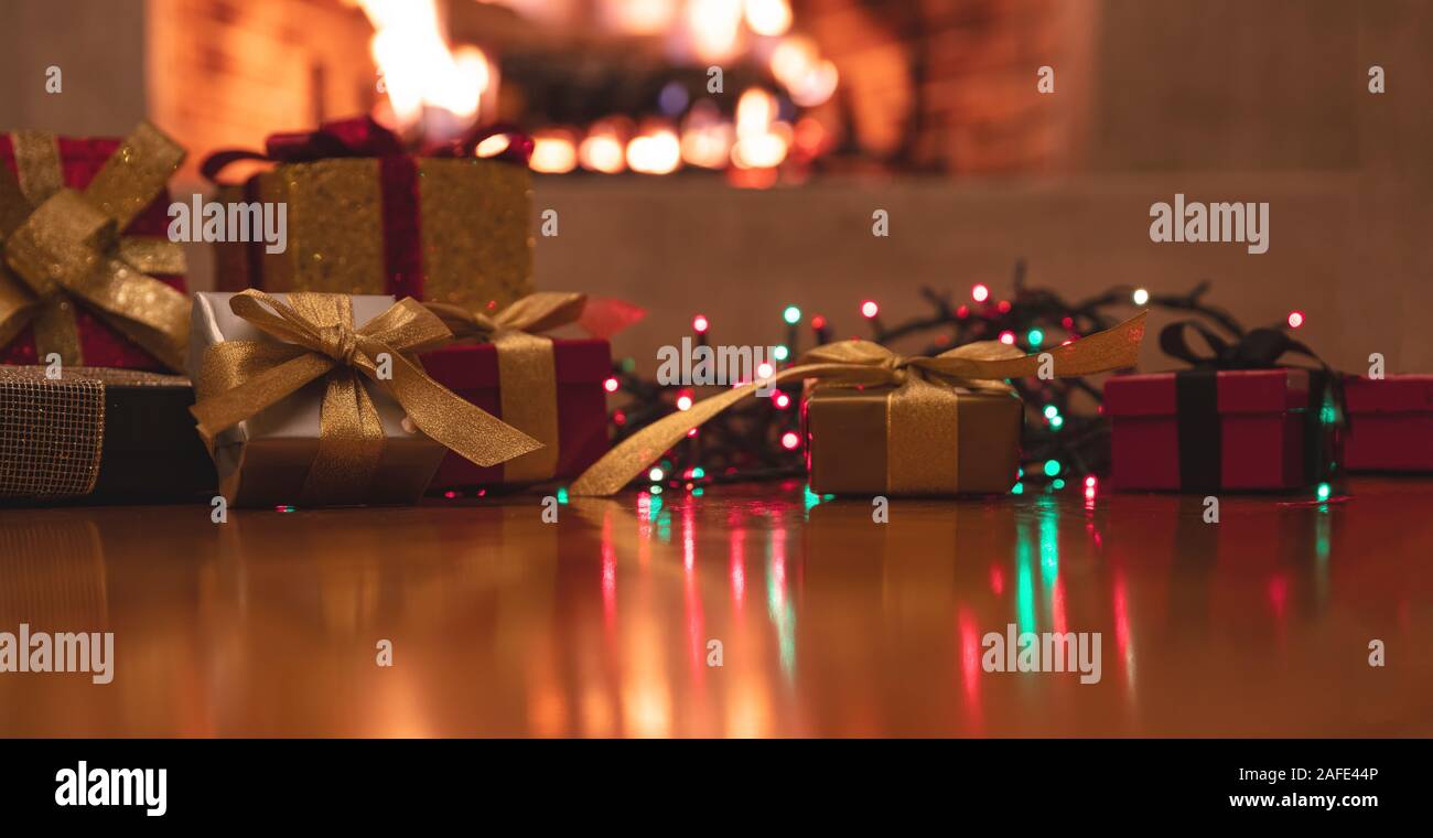 Christmas Presents Gift Boxes And Colorful Lights Blur Burning