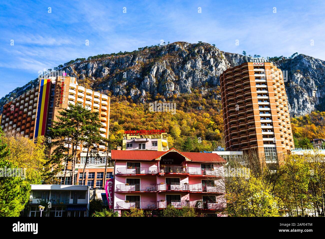 Imposing Luxury Hotel With Spa And Treatment Base Mountain And Trees With Yellow Leaves During Autumn Afrodita Hotel Herculane Romania 2019 Stock Photo Alamy