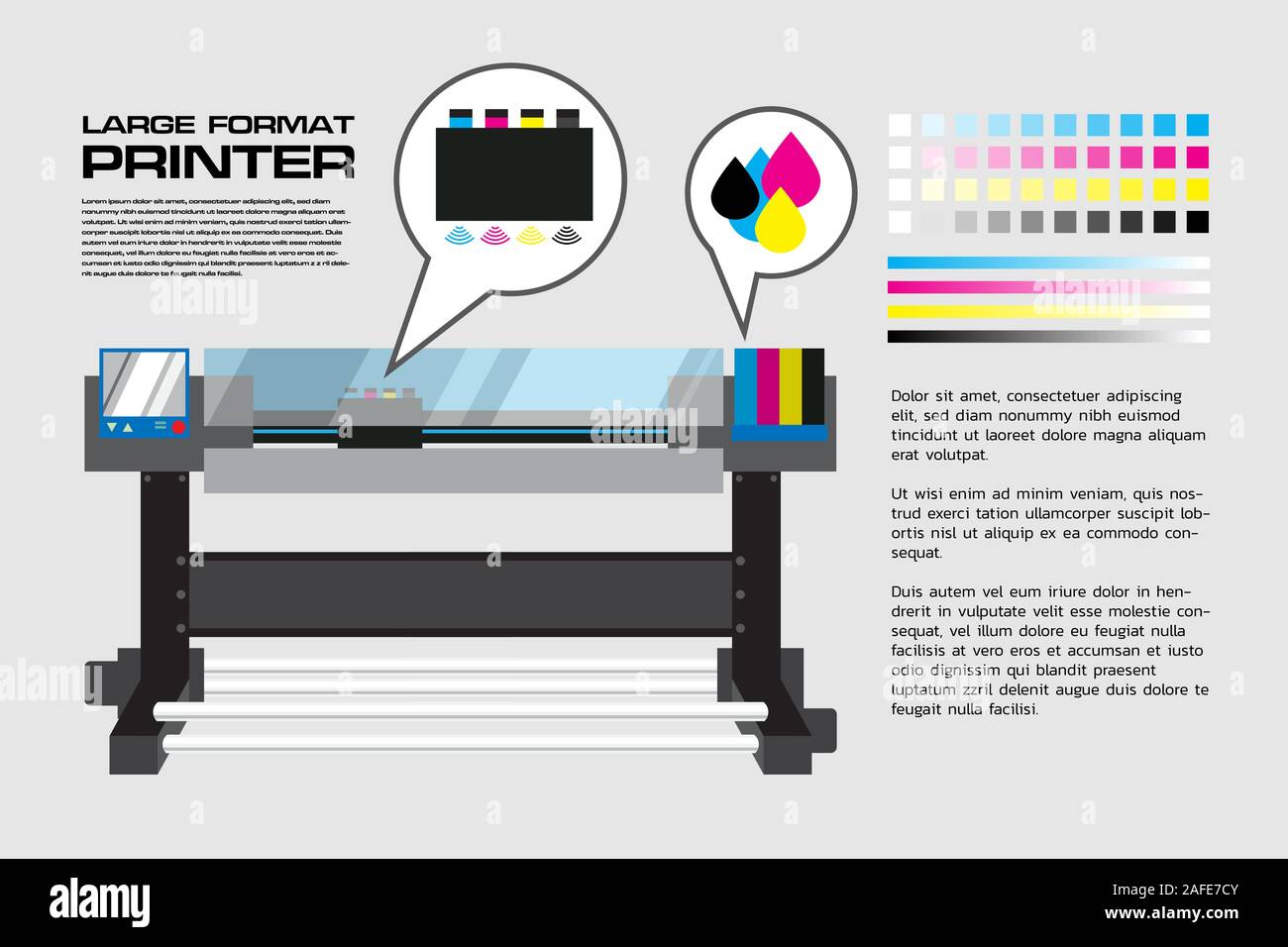 Large Format Printer with detail dummy text, swath and color bars. Easy edit with layer vector illustration. Stock Vector