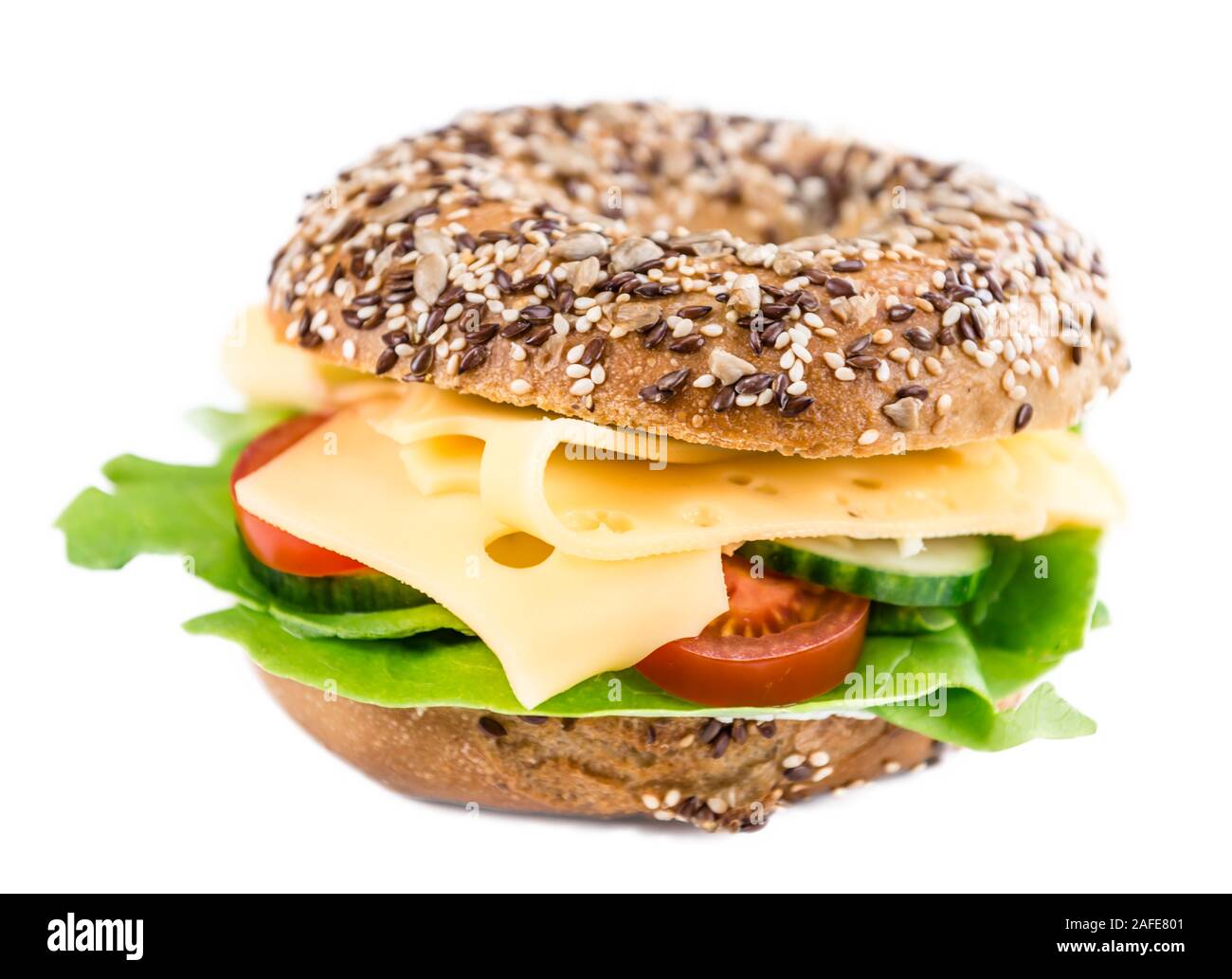 Cheese Bagel isolated on white background (selective focus; close-up shot) Stock Photo
