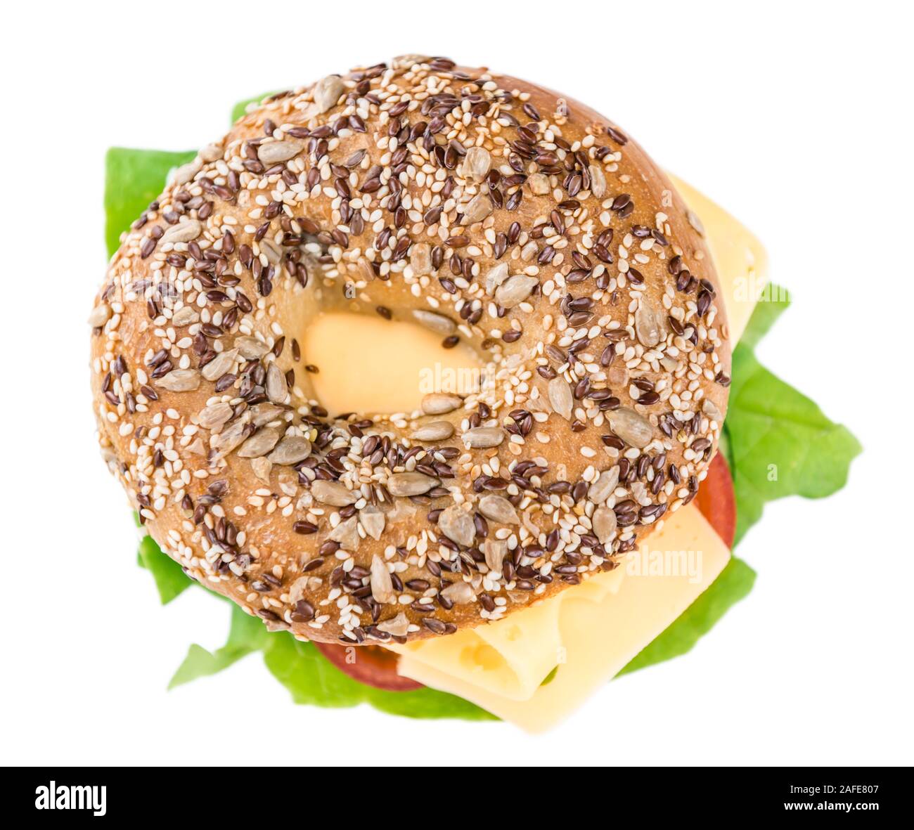 Bagel with Cheese (Gouda) and some fresh vegetables (close-up shot; selective focus) Stock Photo