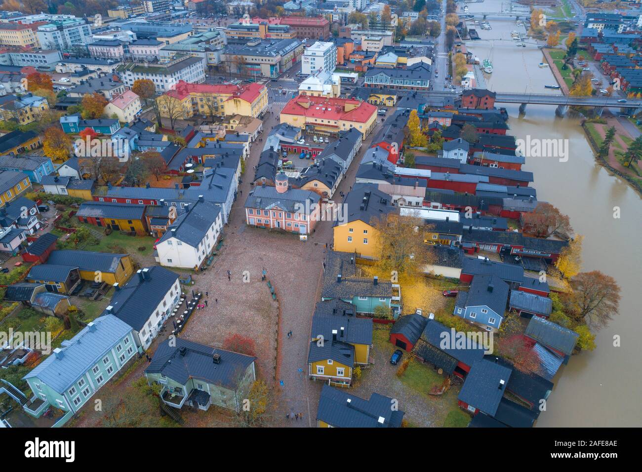 PORVOO, FINLAND - OCTOBER 19, 2019: Above the central square of old Porvoo on an October afternoon (aerial photography) Stock Photo