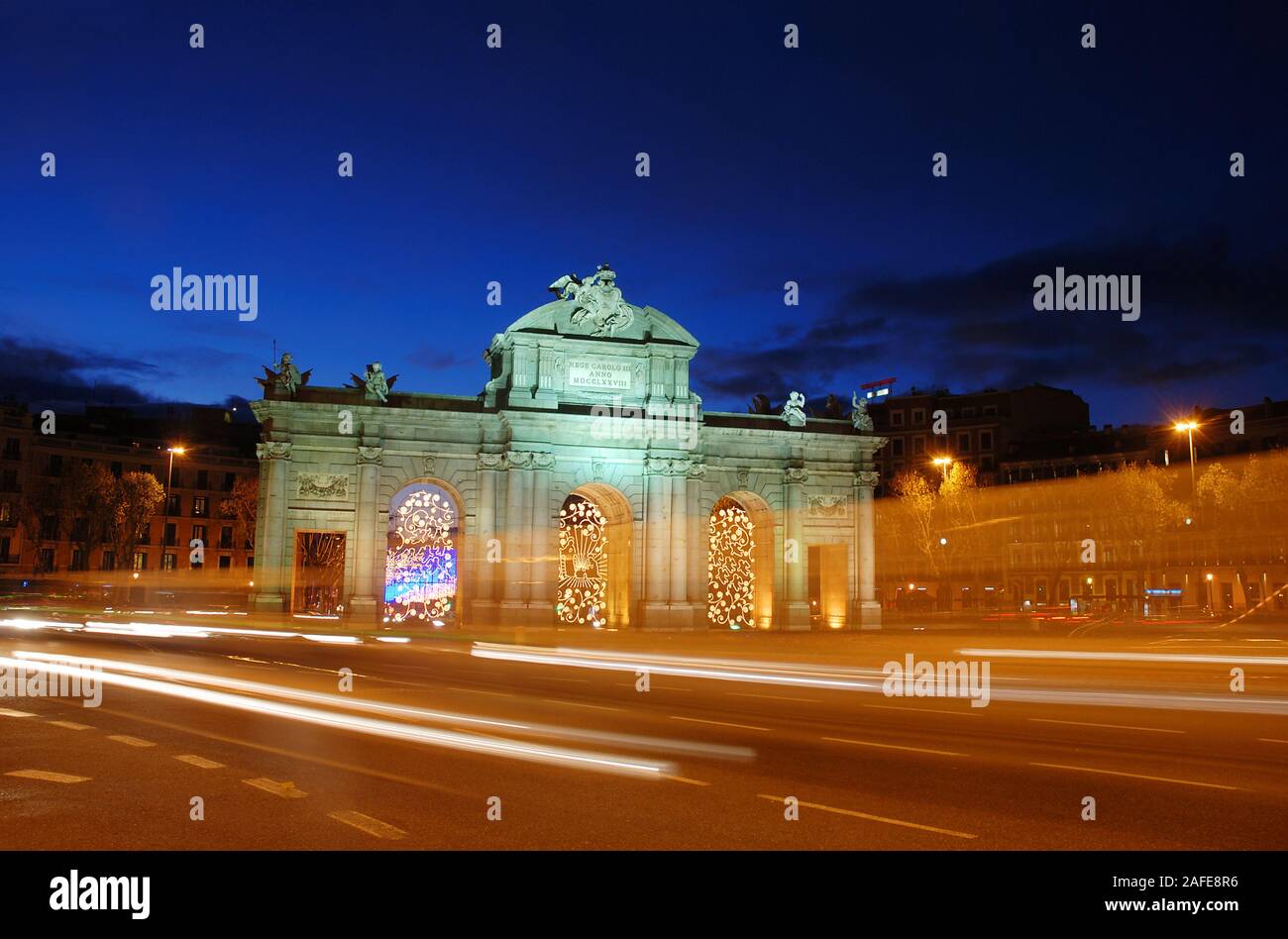 Alcala Gate, night view. Madrid, Spain. Stock Photo