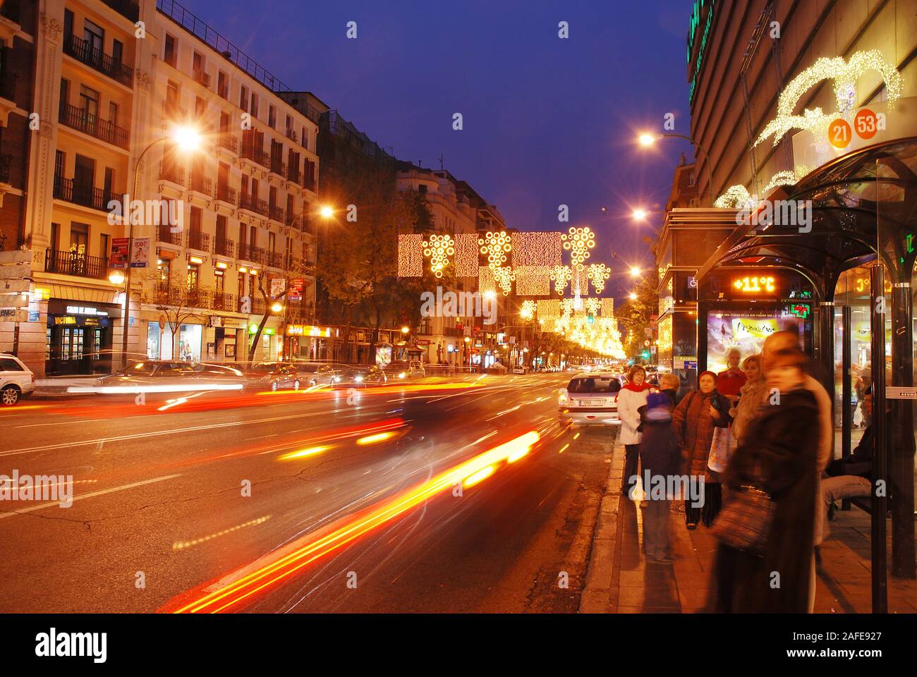 Bus stop, night view. Goya street, Madrid, Spain. Stock Photo