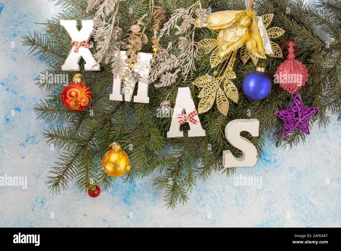 Christmas background. Fir tree branches with Christmas decoration and ...