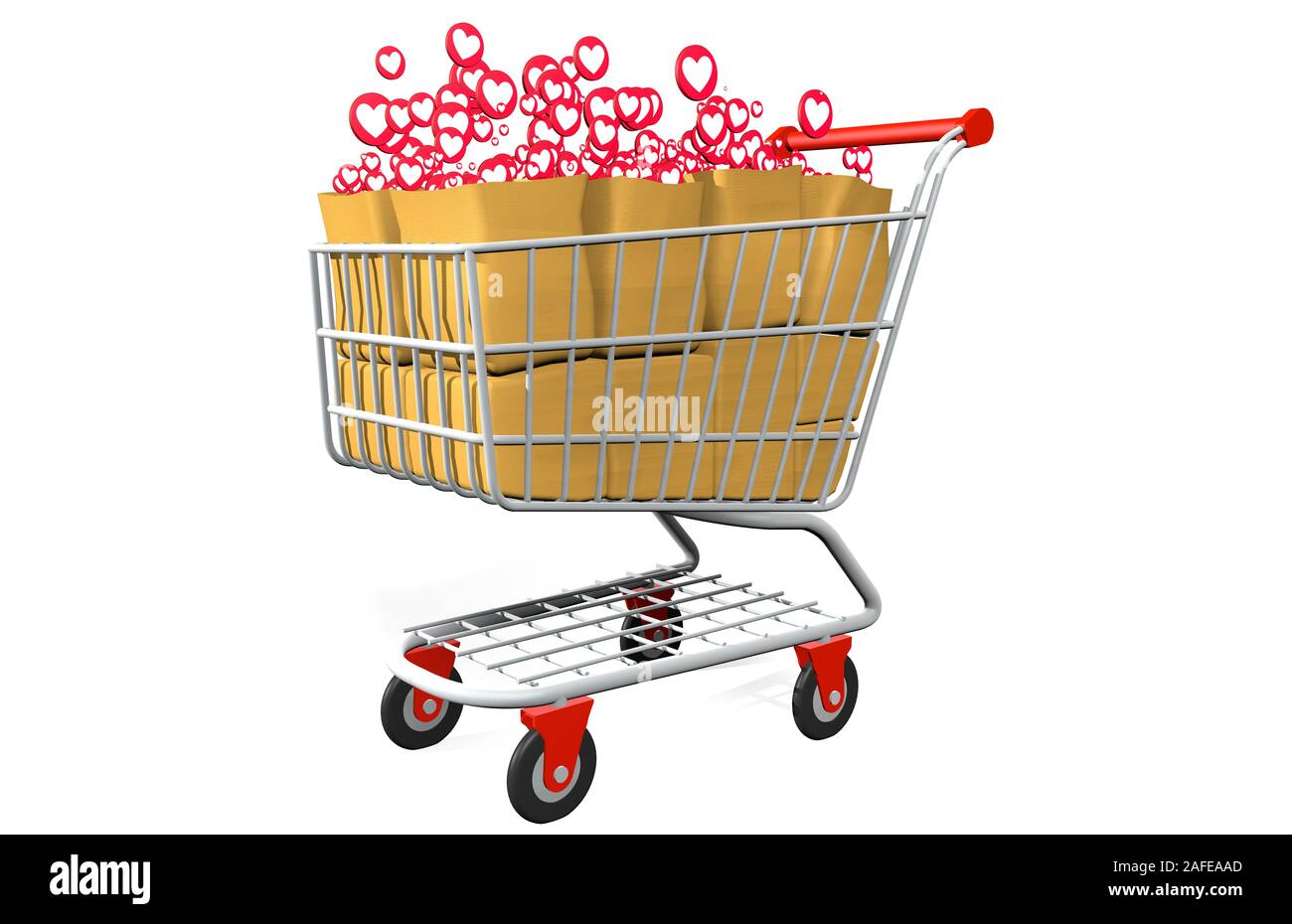 Front view of shopping cart loaded with paper bags full of I LOVE round