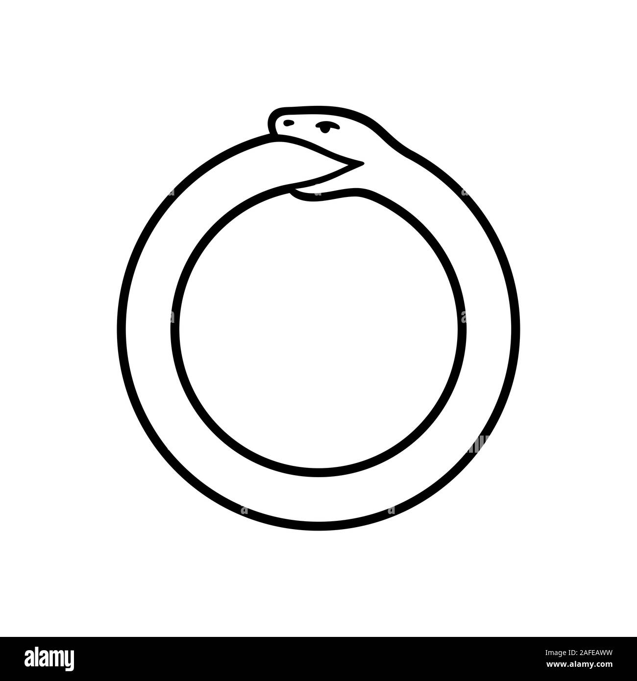 Ouroboros symbol, snake eating its own tail. Simple black and white drawing. Modern circle logo, vector illustration. Stock Vector