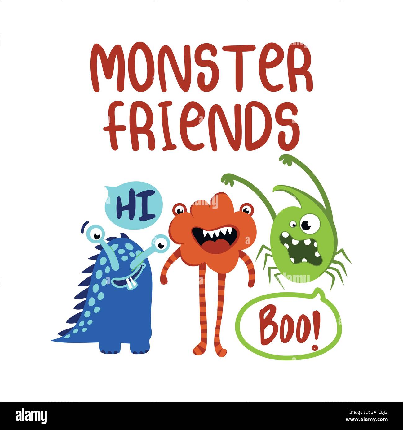 Monster Friends - print design with beast characters - funny hand drawn doodle, cartoon yeti. Good for Poster or t-shirt textile graphic design. Vecto Stock Vector