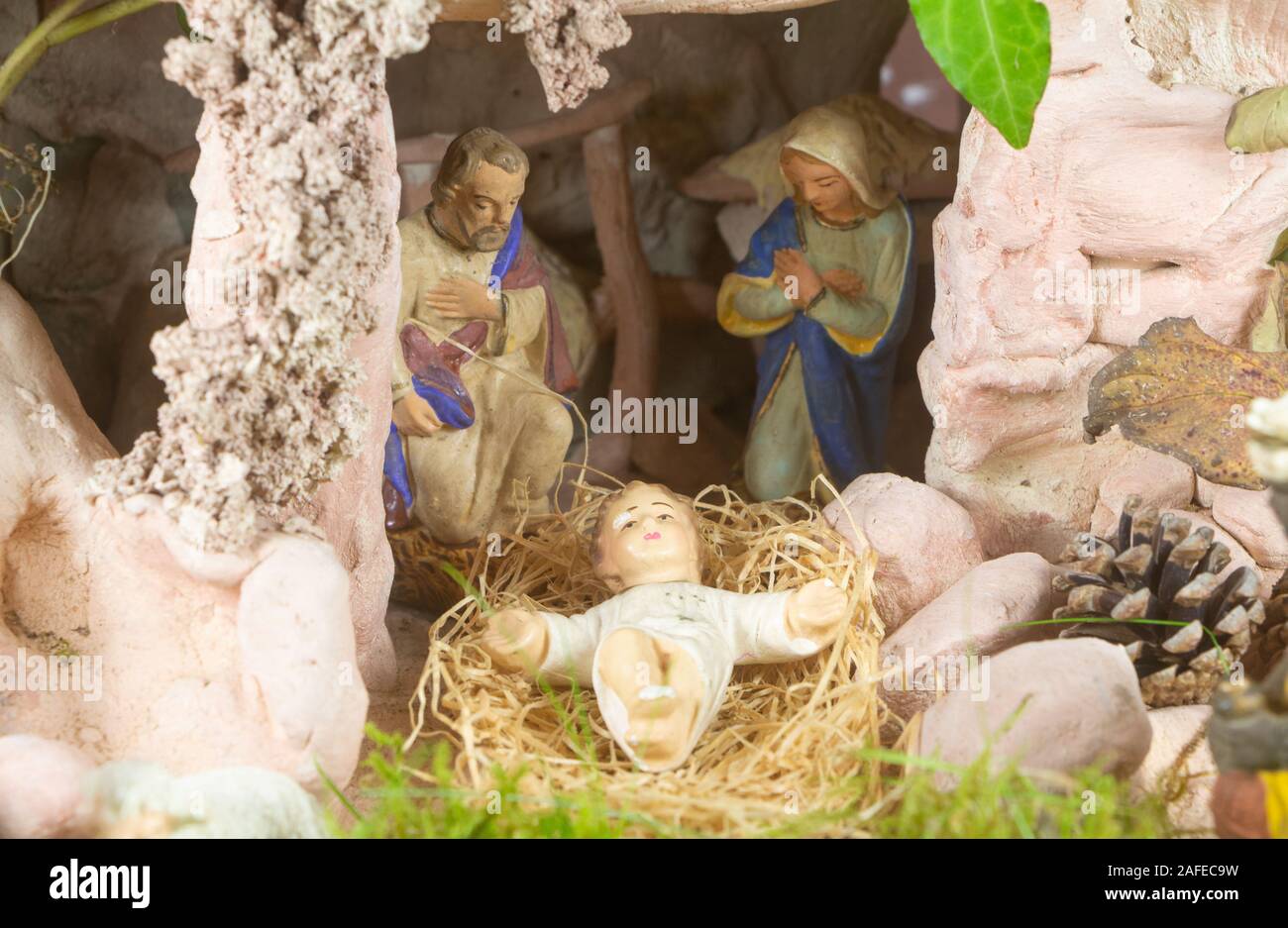 Nativity scene with provencal Christmas crib figures in terracotta ...