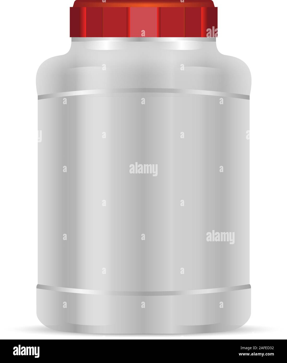 Silver Protein powder container with red lid. Sport food bottles