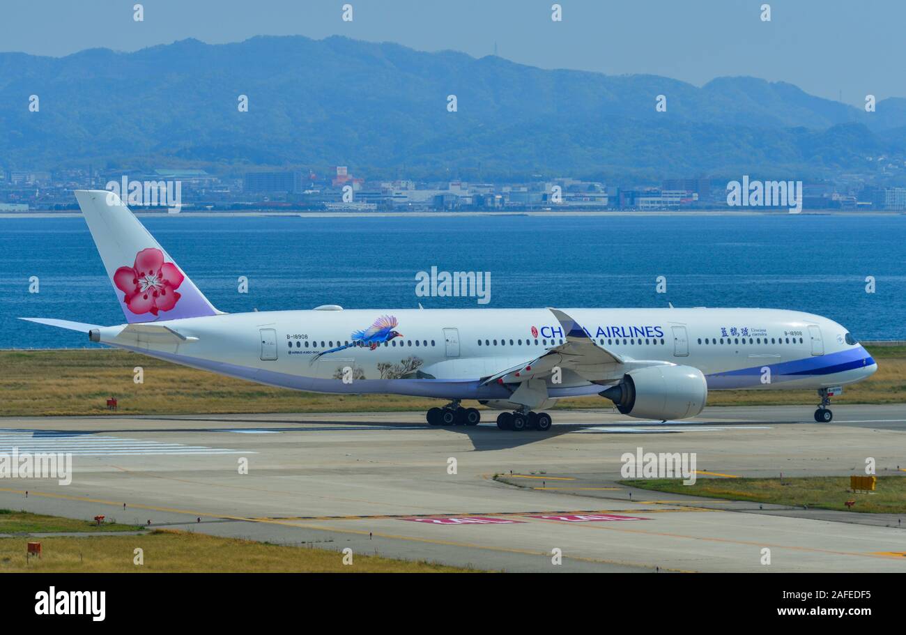 Osaka, Japan - Apr 18, 2019.   B-18908 China Airlines Airbus A350-900 (Taiwan Blue Magpie - Urocissa Caerulea) taxiing on runway of Kansai Airport (KI Stock Photo