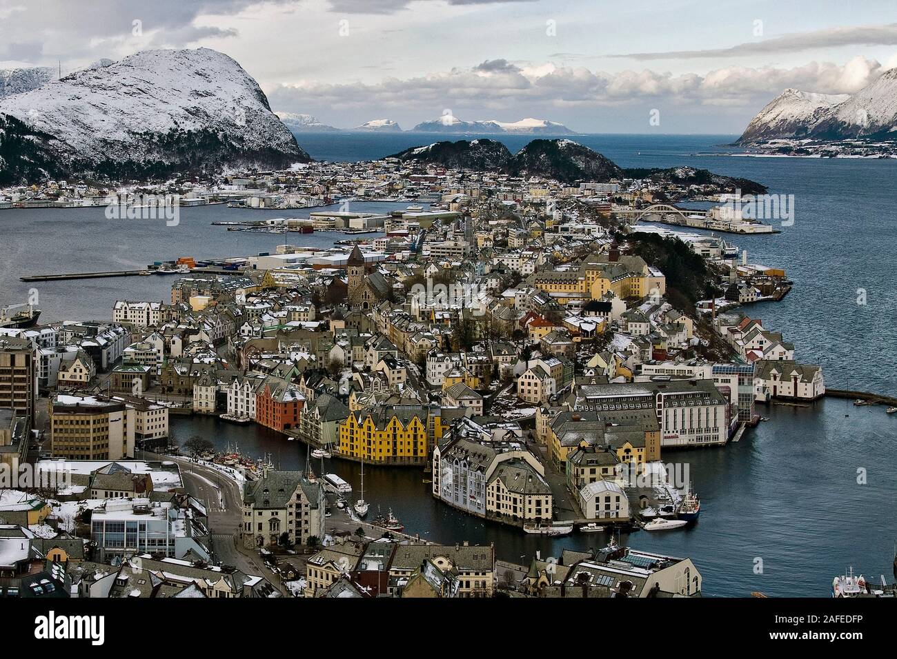 Overview over Aalesund, a beautiful and spectacularly situated town in north-western Norway. Stock Photo