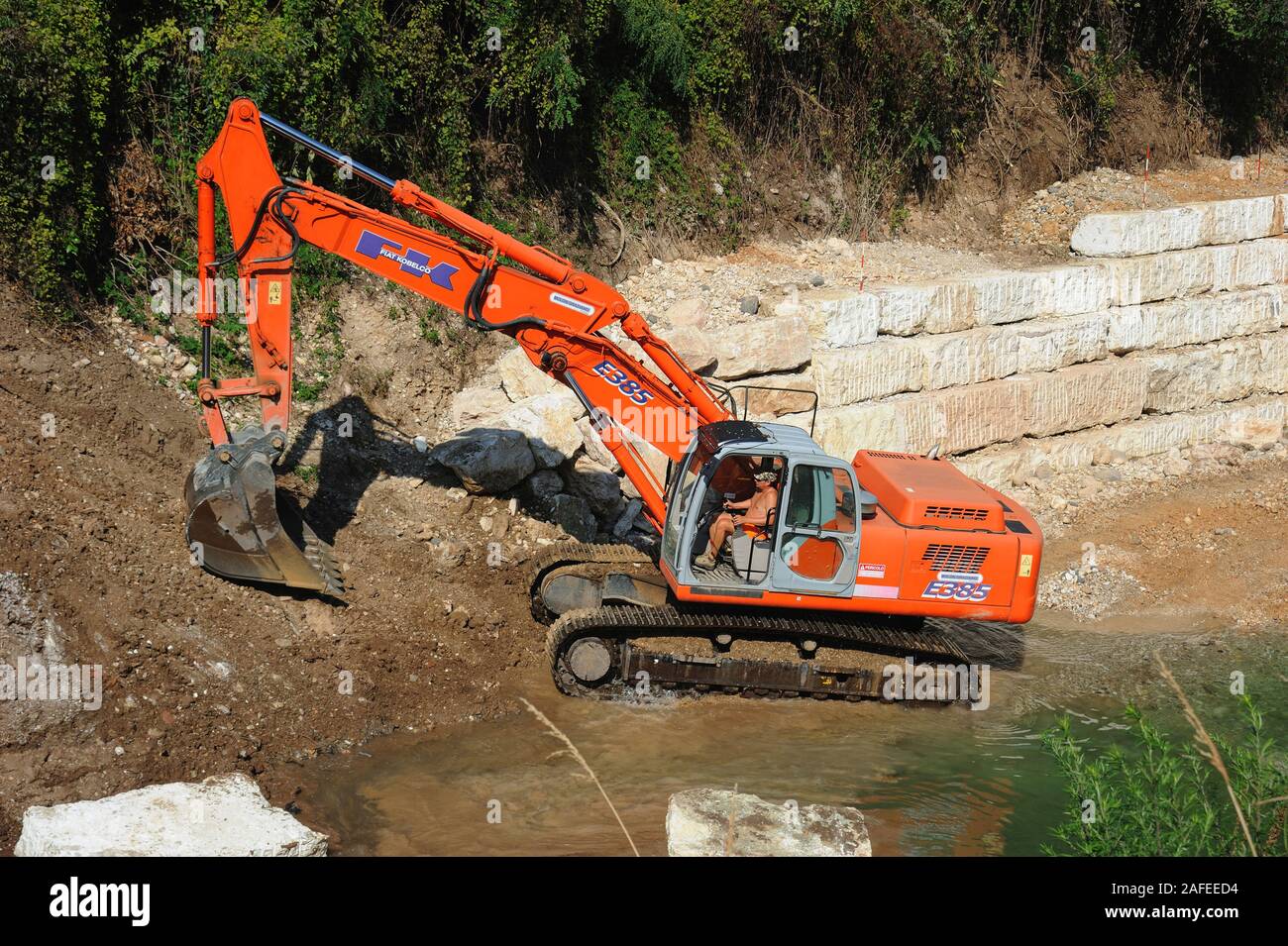 Valdagno, Northern Italy, Italy - August, 31, 2015 - method for river banks consolidation and for protection of lands against water flooding Stock Photo