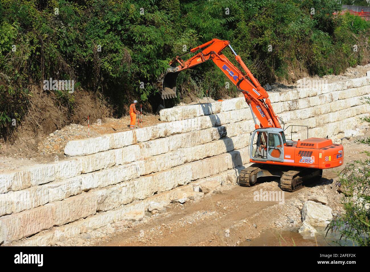 Valdagno, Northern Italy, Italy - August, 31, 2015 - method for river banks consolidation and for protection of lands against water flooding Stock Photo