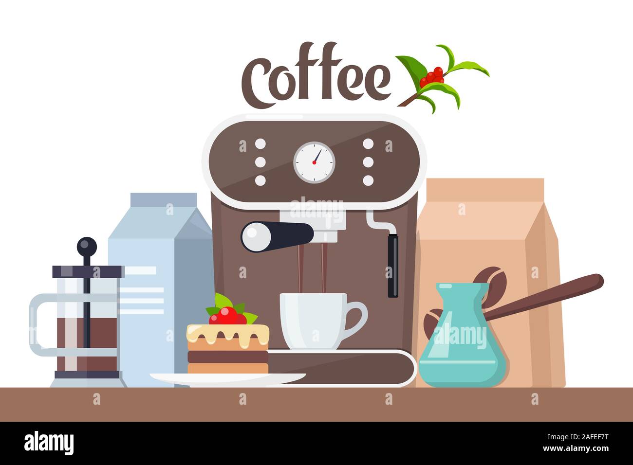Coffee time concept illustration. Early breakfast with coffee and cake. Coffee machine, cup, cake, milk, sugar. Vector composition for banner and prin Stock Vector