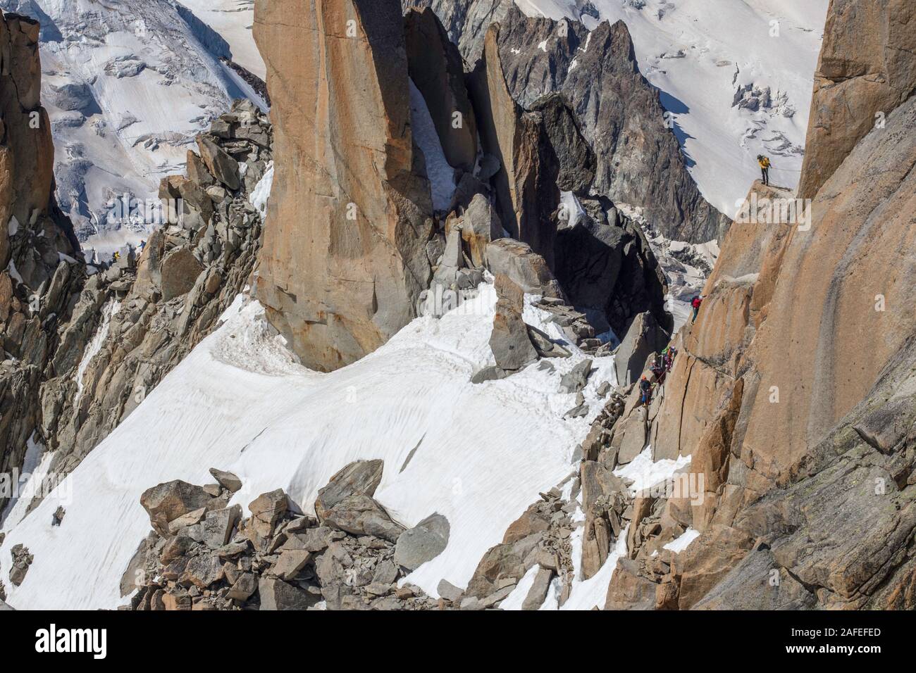 Mountaineers rock climbing, Mont Blanc. Aiguille du Midi. Chamonix. France Stock Photo
