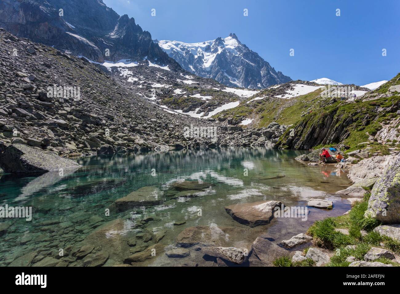 Blue lake with Aiguille du Midi in the background. Mont Blanc. Chamonix. France Stock Photo