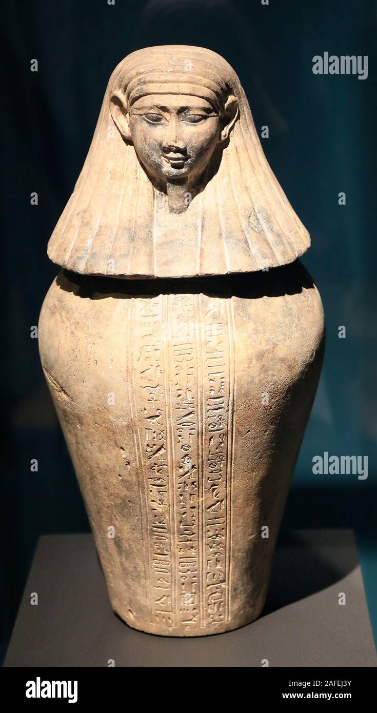 Egyptian Mummies Exhibition at Museum of Fine Arts. Canopic jar of mummy. Once removed from the body, the organs were placed inside this ornamental ja Stock Photo