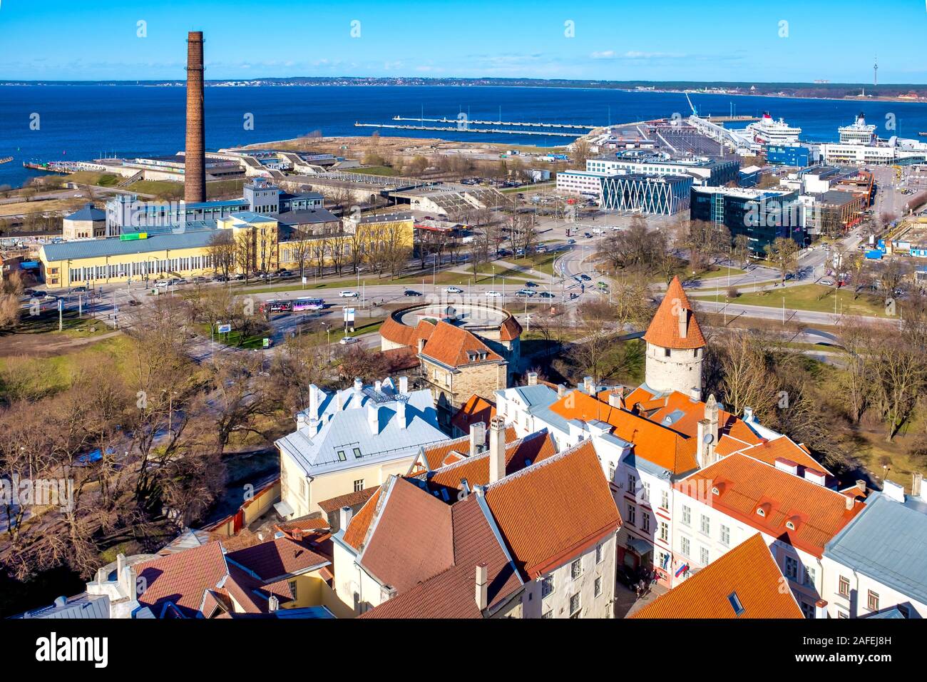 Aeriel view of Tallinn’s Linnahall and the Tallinn Passenger port, Tallinn, Estonia, Stock Photo