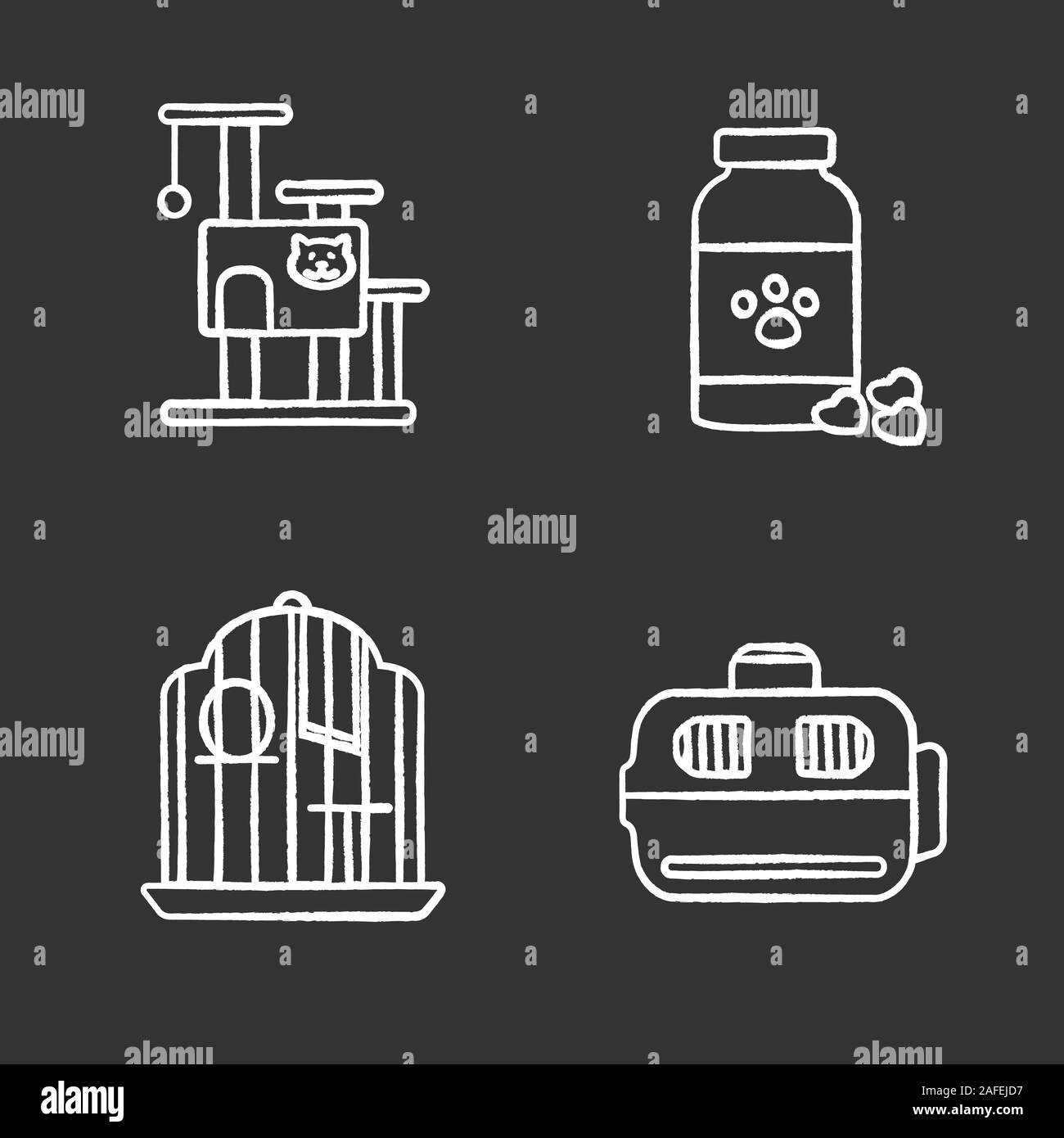 Pets supplies chalk icons set. Cat's tree house, veterinary medicine, birdcage, pets carrier. Isolated vector chalkboard illustrations Stock Vector
