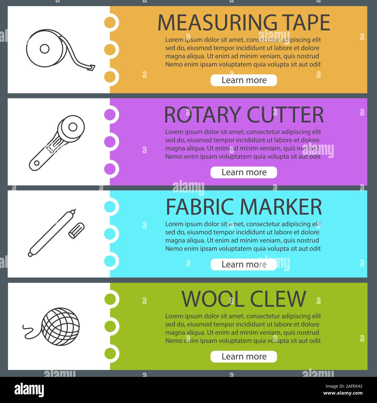 Tailoring web banner templates set. Measuring tape, rotary cutter, fabric  marker pen, wool clew. Website color menu items with linear icons. Vector  he Stock Vector Image & Art - Alamy