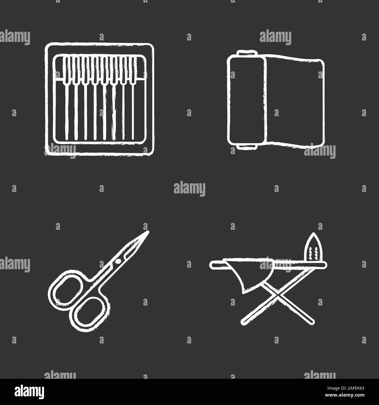 Tailoring chalk icons set. Nail scissors, ironing board, sewing machine needles, fabric roll. Isolated vector chalkboard illustrations Stock Vector