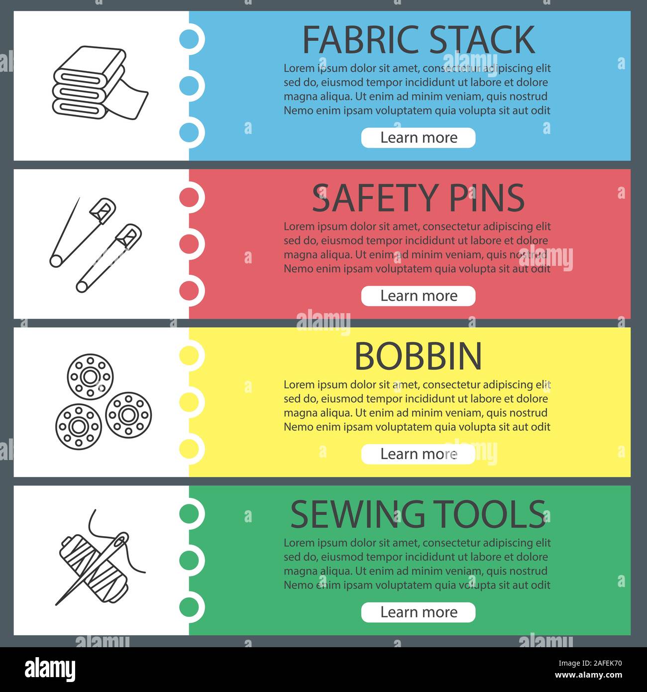 Tailoring web banner templates set. Fabric stack, safety pins, bobbins ...