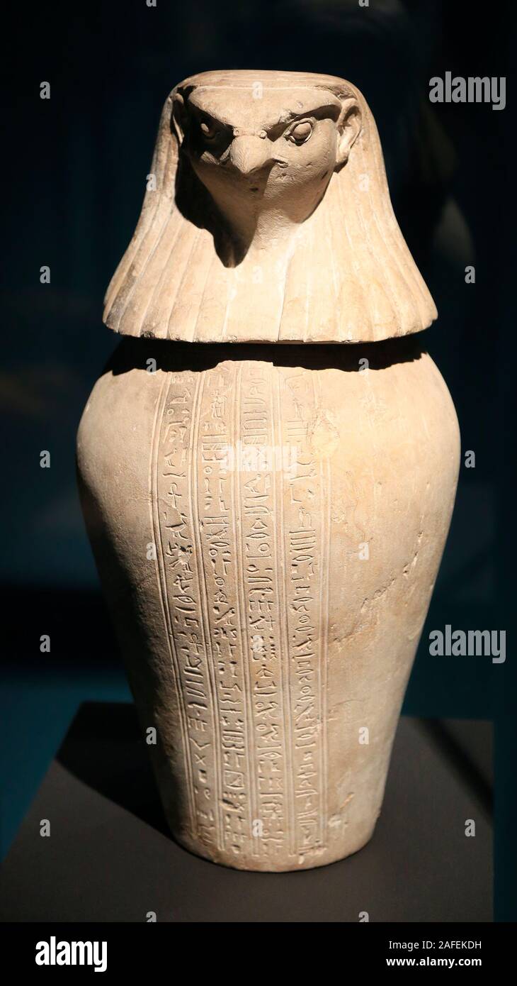 CanopicEgyptian jar of mummy. Once removed from the body, the organs were placed inside this ornamental jar. Stock Photo