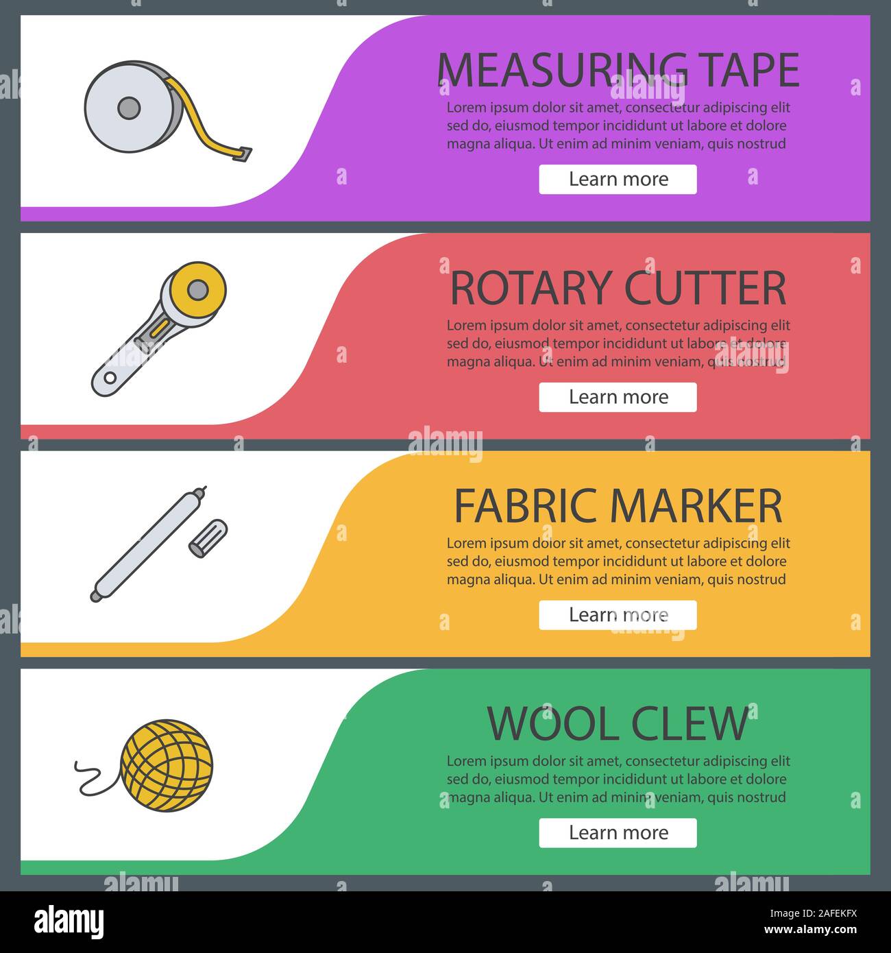 Tailoring web banner templates set. Measuring tape, rotary cutter
