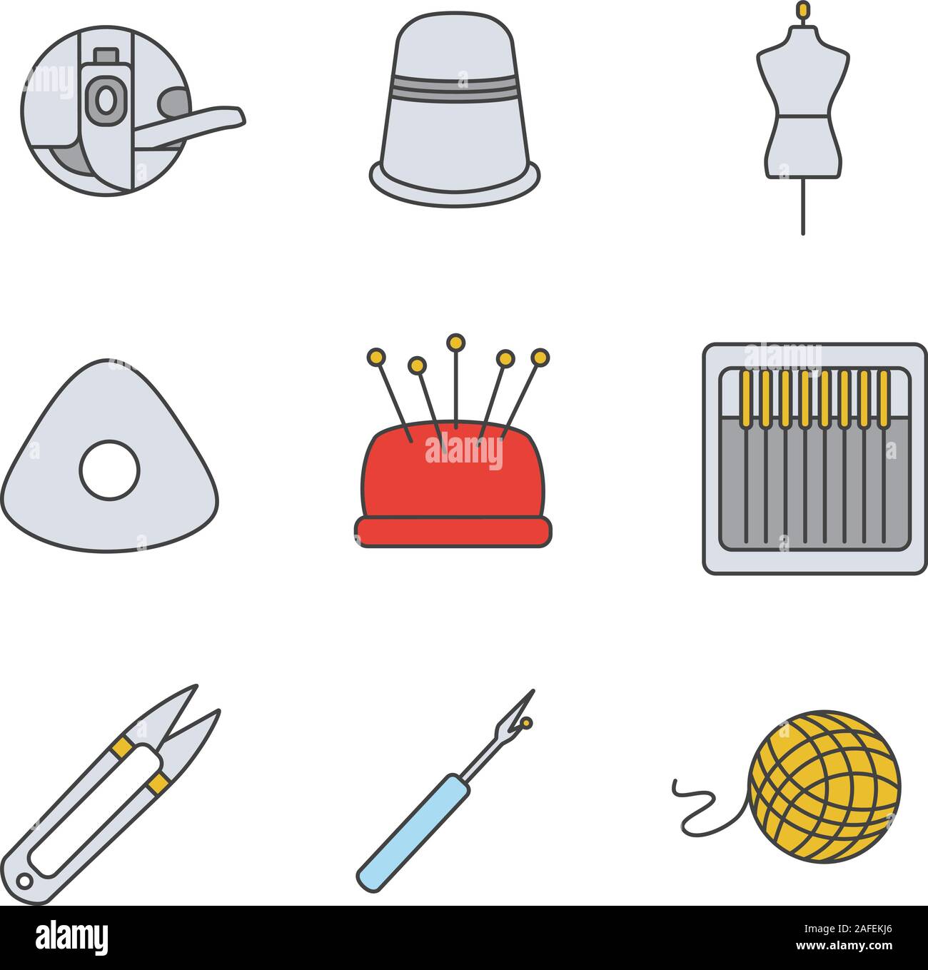 Tailoring color icons set. Bobbin case, sewing thimble, mannequin, chalk, pincushion, needles, thread cutter, seam ripper, wool clew. Isolated vector Stock Vector