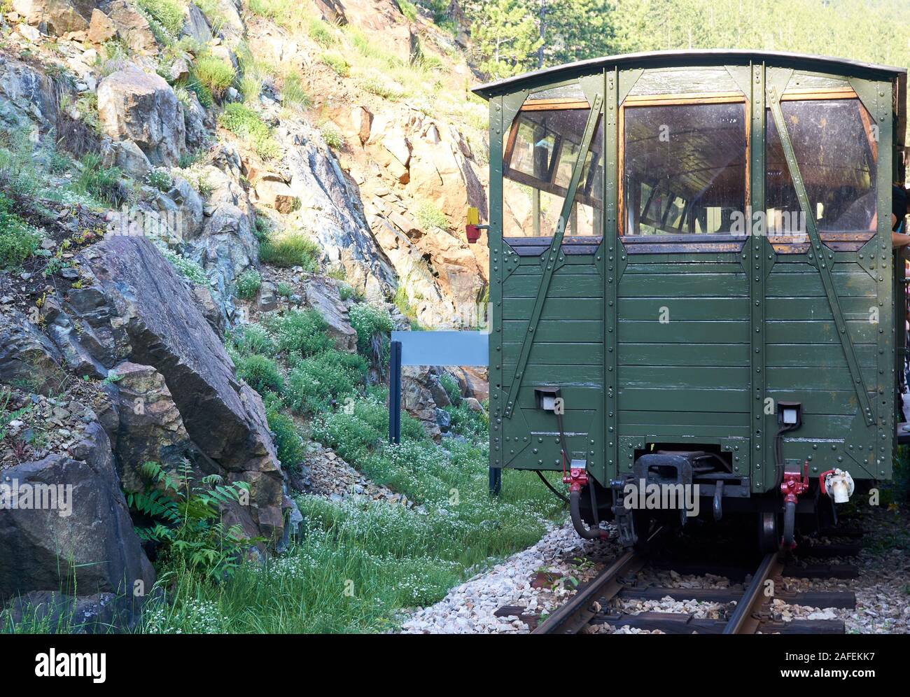 Last wagon of a nostalgic train during travel Stock Photo