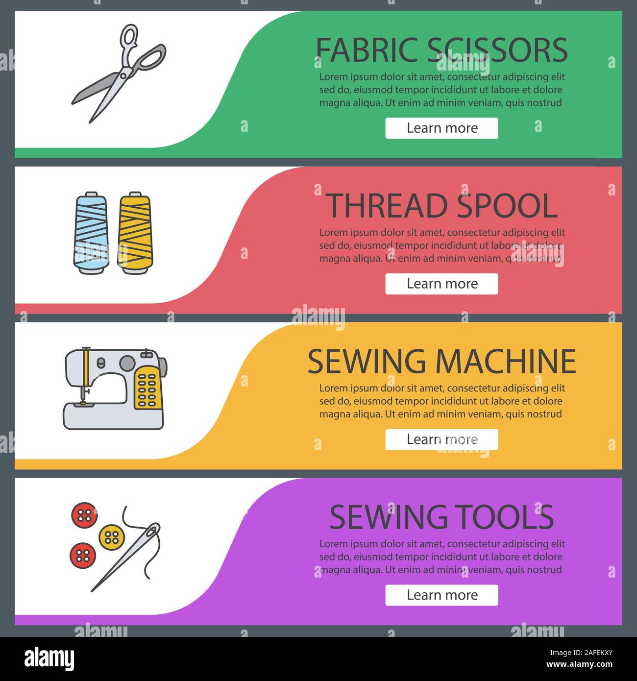 Tailoring web banner templates set. Fabric scissors, thread spool