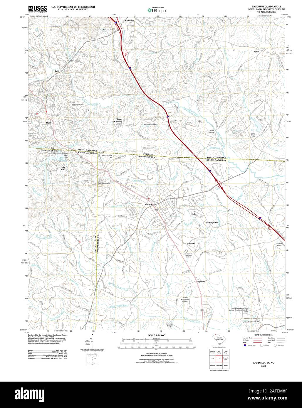 USGS TOPO Map North Carolina SC Landrum 20110804 TM Restoration Stock Photo