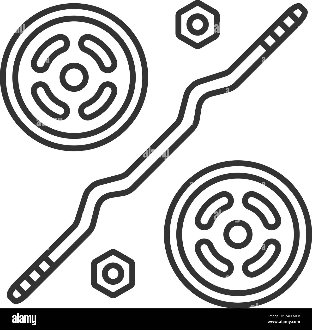 Barbell linear icon. Curl bar with weight plates. Fitness equipment. Thin line illustration. Contour symbol. Vector isolated outline drawing Stock Vector