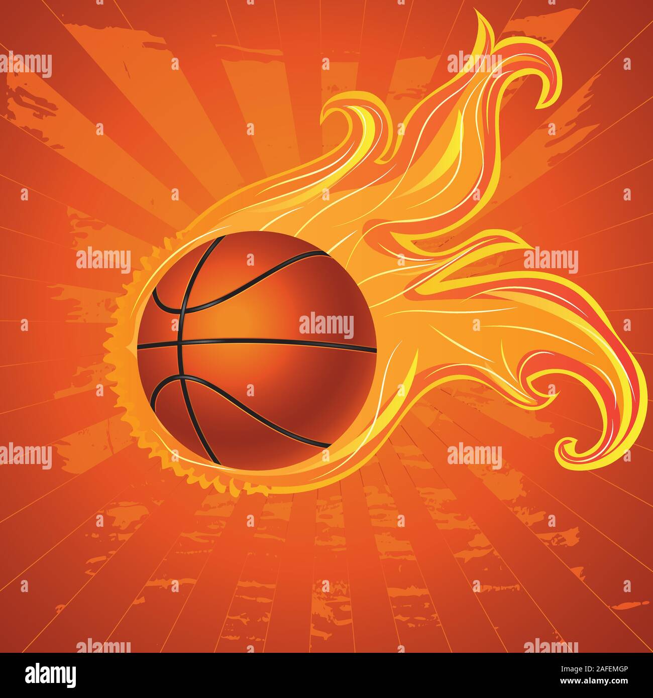 Grunge orange background with basketball ball and flame. Stock Vector
