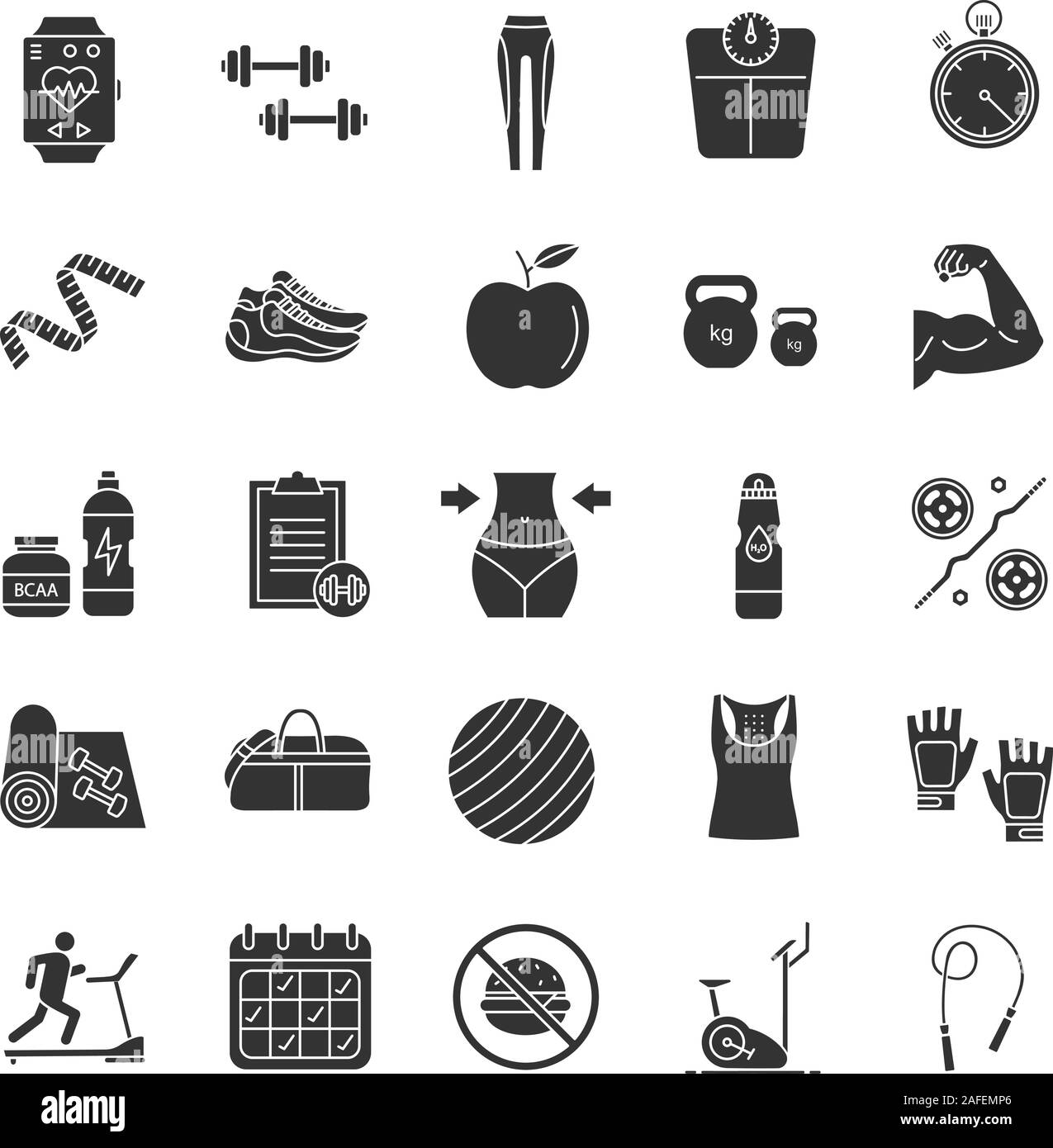 Fitness glyph icons set. Sports equipment. Exercise machines, barbells, dumbbells, clothes. Silhouette symbols. Vector isolated illustration Stock Vector