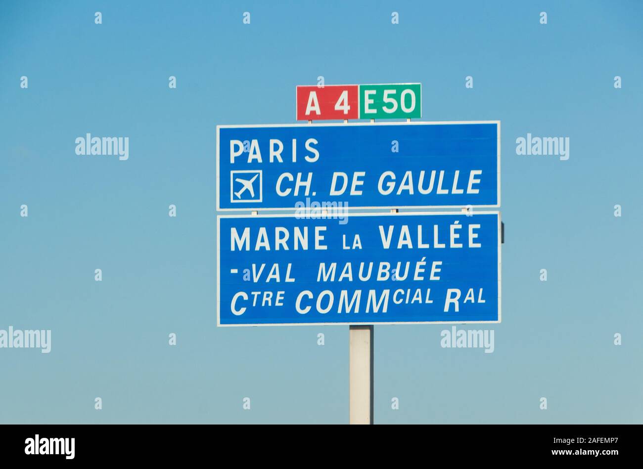 Road sign for Paris, Charles de Gaulle airport and Marne La Vallée on the highway Stock Photo