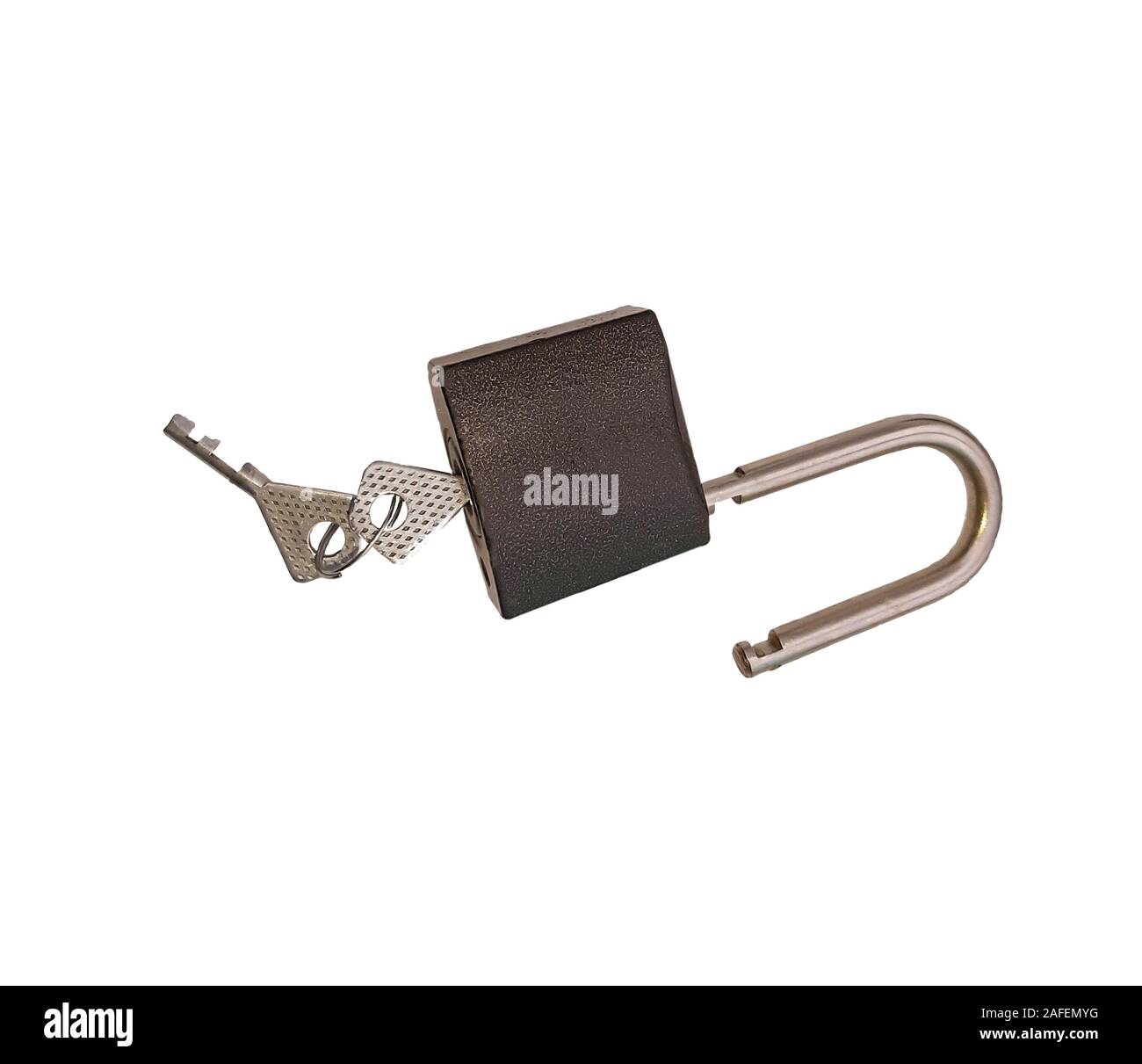 A padlock and the key on a white background Stock Photo