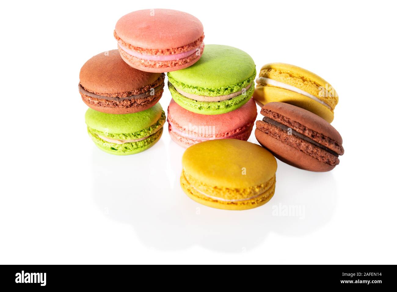 Several macaroons isolated on white background, close view Stock Photo