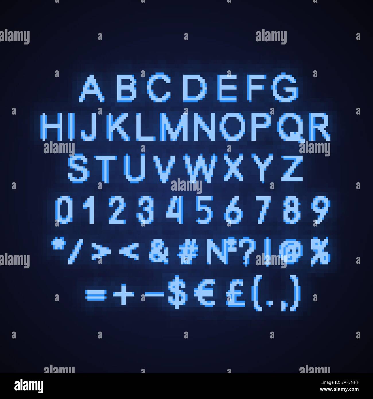 Blue alphabet, numbers and math signs neon light icon. ABC glowing ...