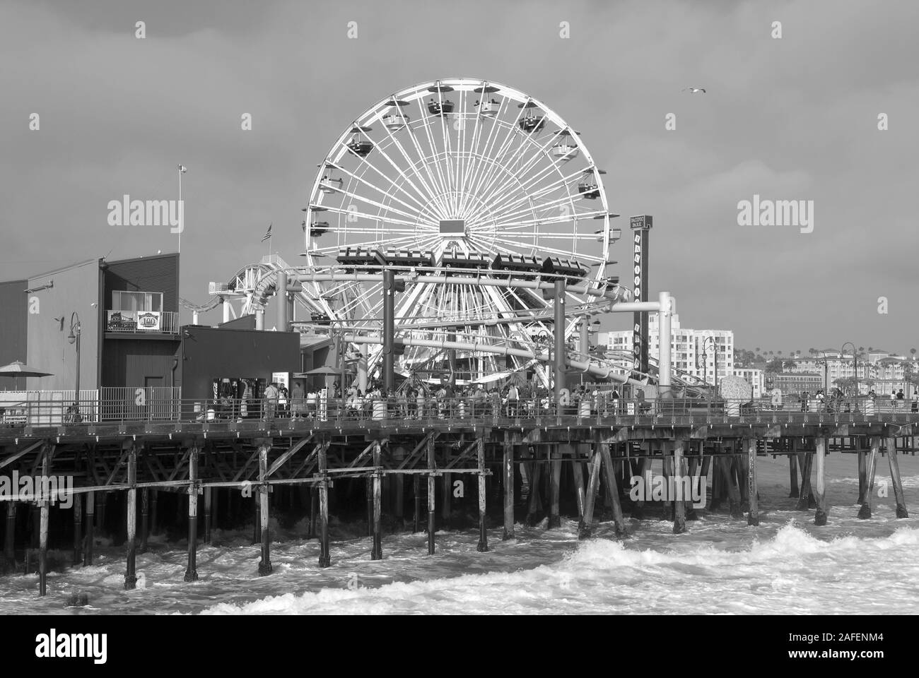 Santa Monica Pier Ferris wheel on Pacific Ocean, CA. Stock Photo