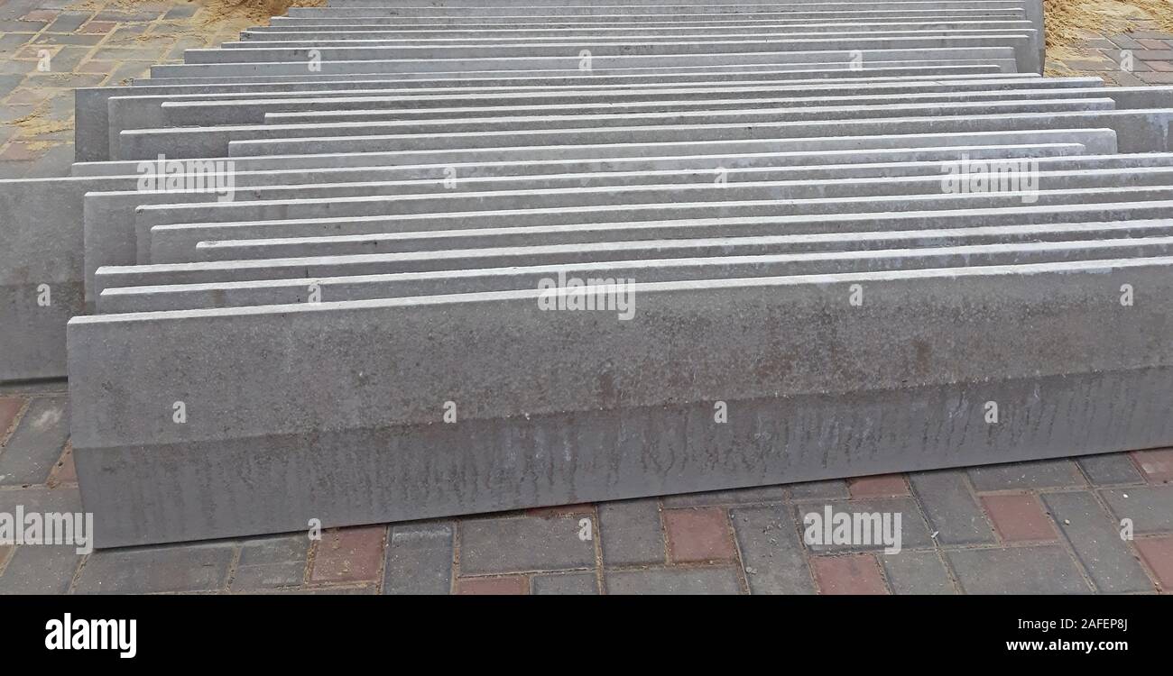 Concrete fence caps used in construction. Construction materials Stock